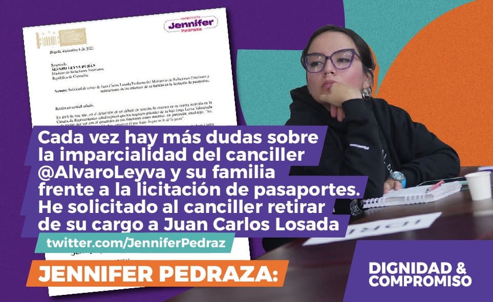 Jennifer Pedraza solicita al canciller retirar de su cargo a Juan Carlos Losada