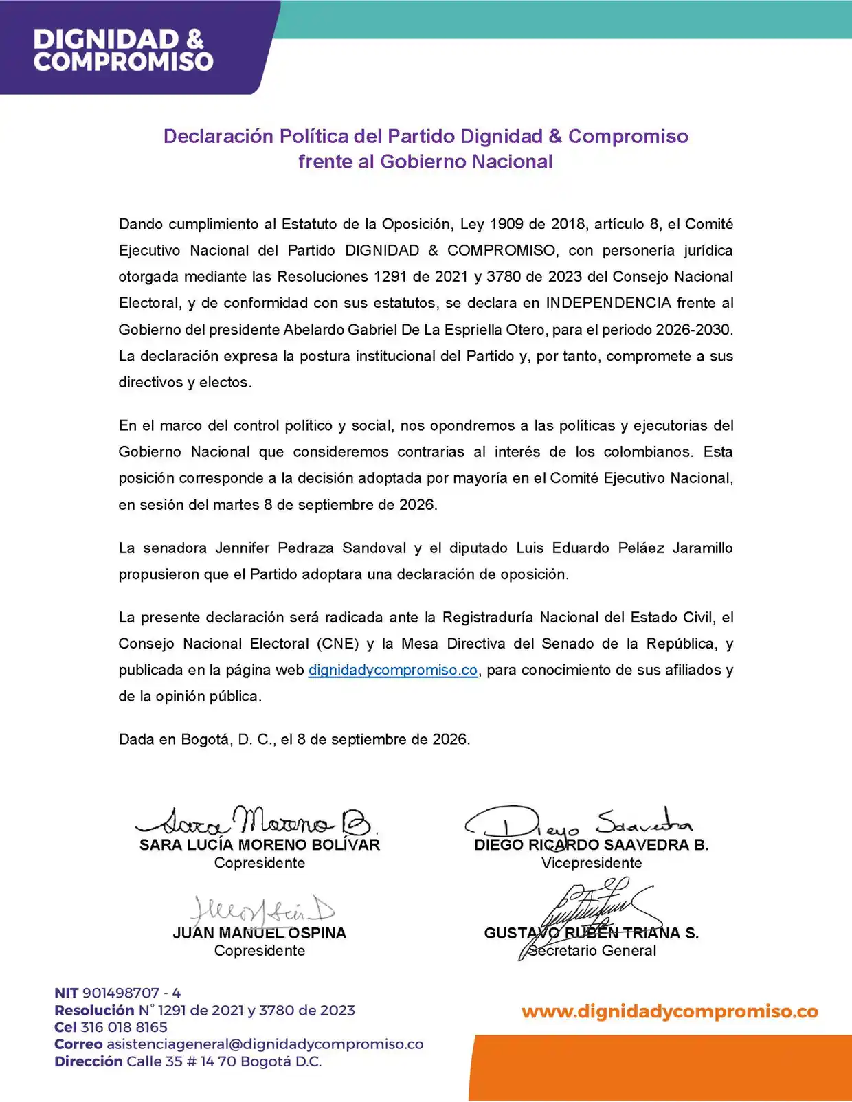 Declaración Política del Dignidad & Compromiso frente a Abelardo de La Espriella